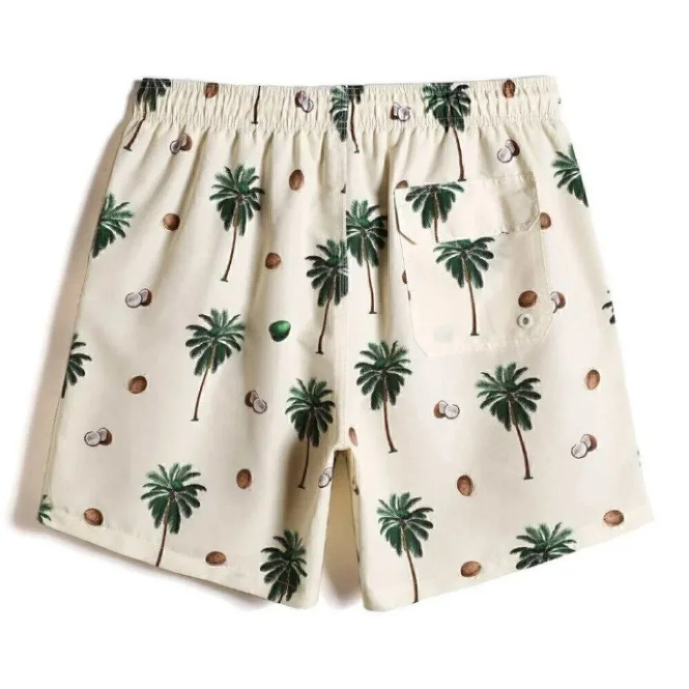 Cream Vacation Style Men's Coconut Tree Print Swim Trunks